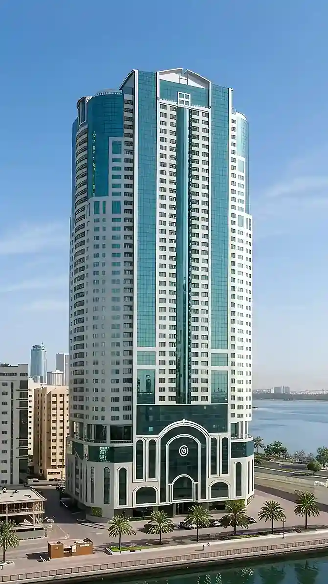 Bu Khamsin Tower exterior view in Sharjah - FARE.